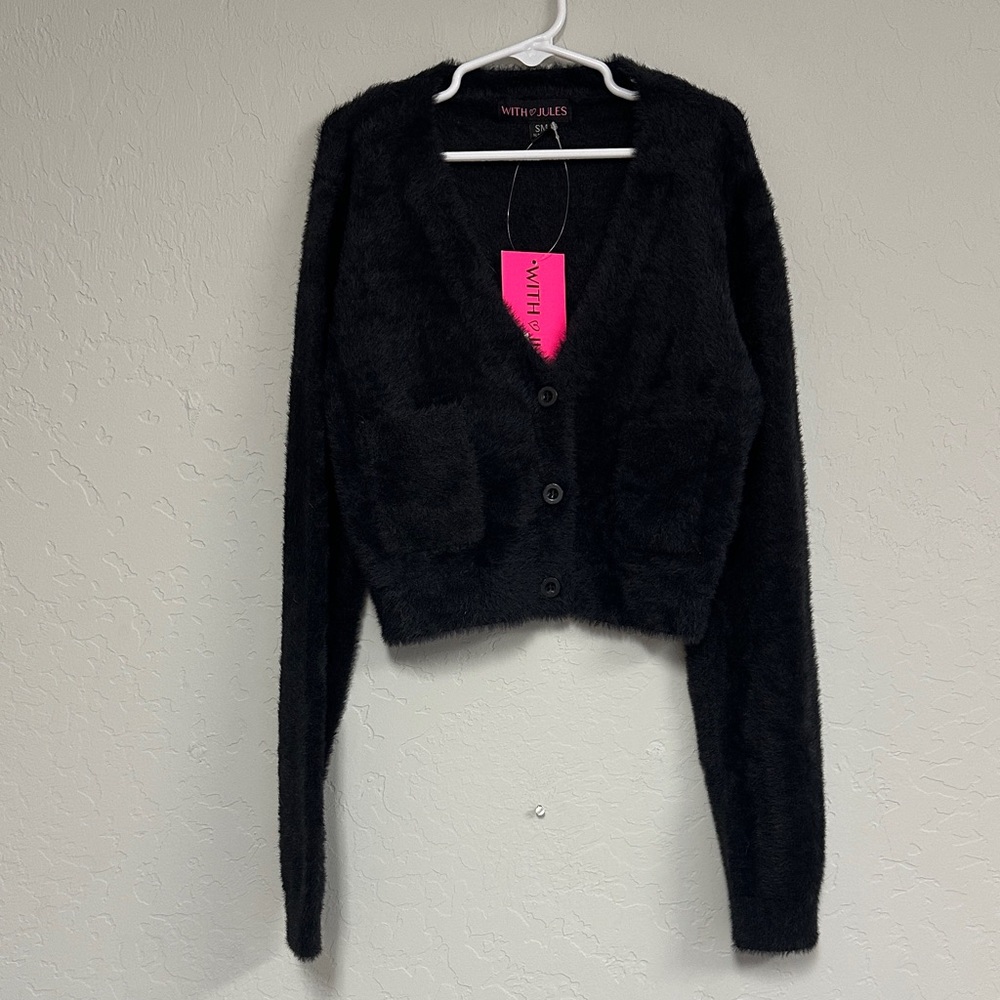 With Jules Black Fuzzy Cardigan Sweater NWT